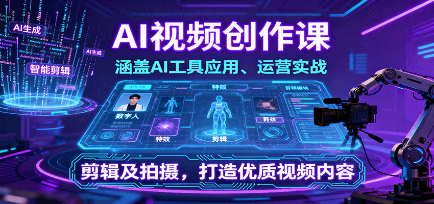 AI视频创作课，涵盖AI工具应用、运营实战、剪辑及拍摄，打造优质视频内容