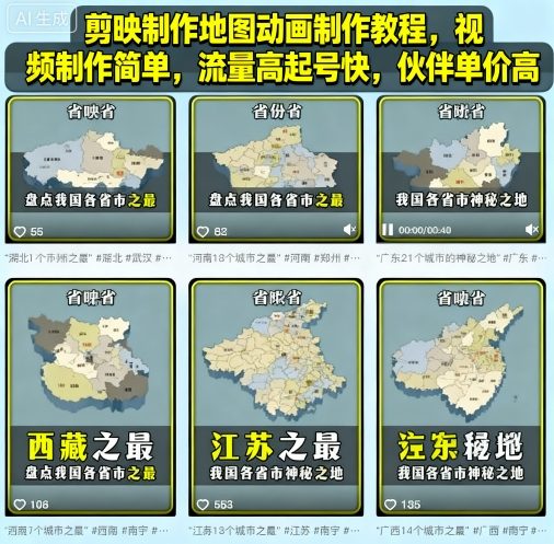 剪映制作地图动画制作教程,视频制作简单,流量高起号快,伙伴单价高-中创网,冒泡网,福缘网创业项目大全-创安网
