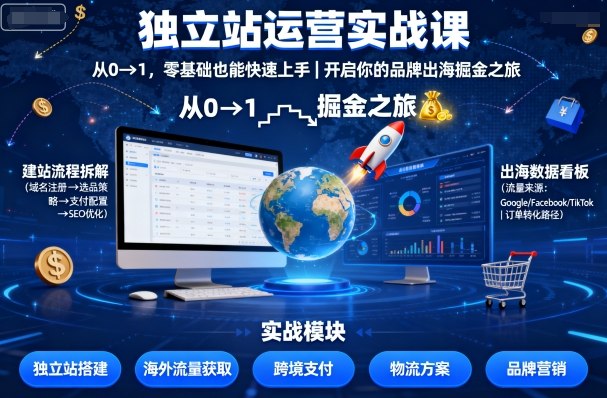 独立站运营实战课，​从0到1，零基础也能快速上手，开启你的品牌出海掘金之旅