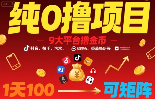 纯0撸项目，9大平台撸金币，抖音，快手，汽水，番茄畅听等，1天100，可矩阵-创安网_汇聚全网热门项目资源