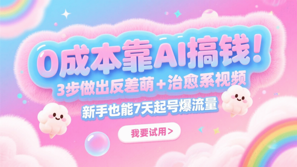 0成本靠AI搞钱！3步做出反差萌+治愈系视频，新手也能7天起号爆流量，月入5位数