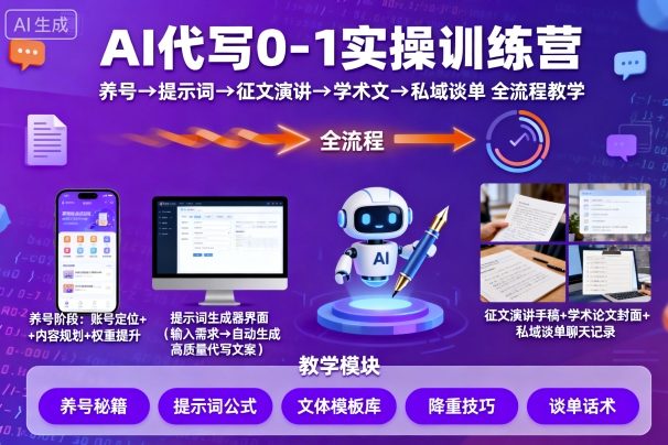 AI代写0-1实操训练营，从养号、提示词、征文演讲、学术文，到私域谈单的全流程教学-中创网,冒泡网,福缘网创业项目大全-创安网