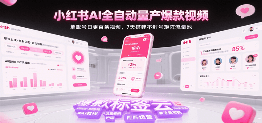 小红书AI全自动量产爆款视频，单账号日更百条视频，7天搭建不封号矩阵流量池-创安网_汇聚全网热门项目资源