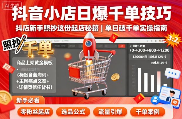 抖音小店日爆千单技巧，抖店新手照抄这份起店秘籍，单日破千单