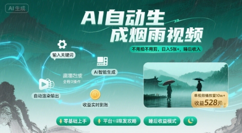 不用拍不用剪！AI自动生成烟雨视频，日入5张+，睡后收入-创安网_汇聚全网热门项目资源