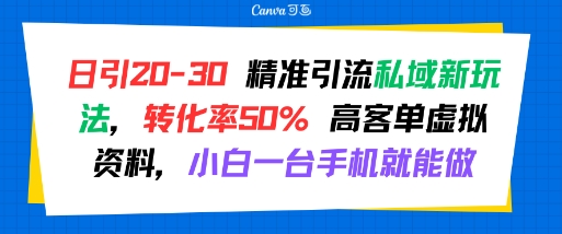 日引 20-30 精准引流私域新玩法，转化率50% 高客单虚拟资料，小白一台手机就能做-创安网_汇聚全网热门项目资源