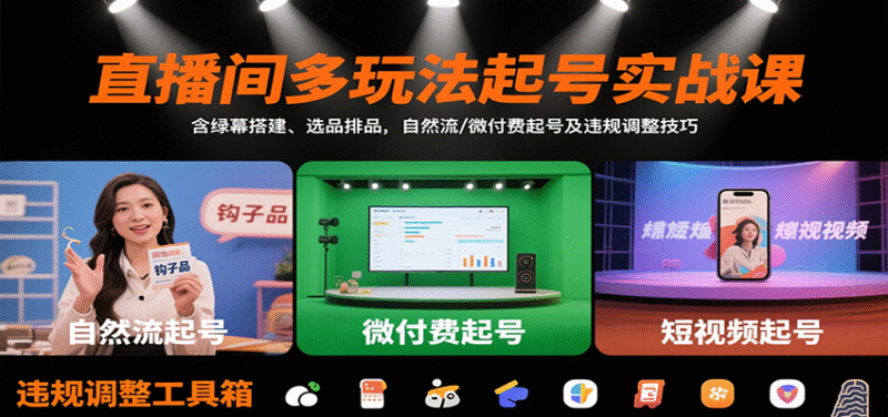 直播间多玩法起号实战课:含绿幕搭建、选品排品,自然流/微付费起号及违规调整技巧-中创网,冒泡网,福缘网创业项目大全-创安网