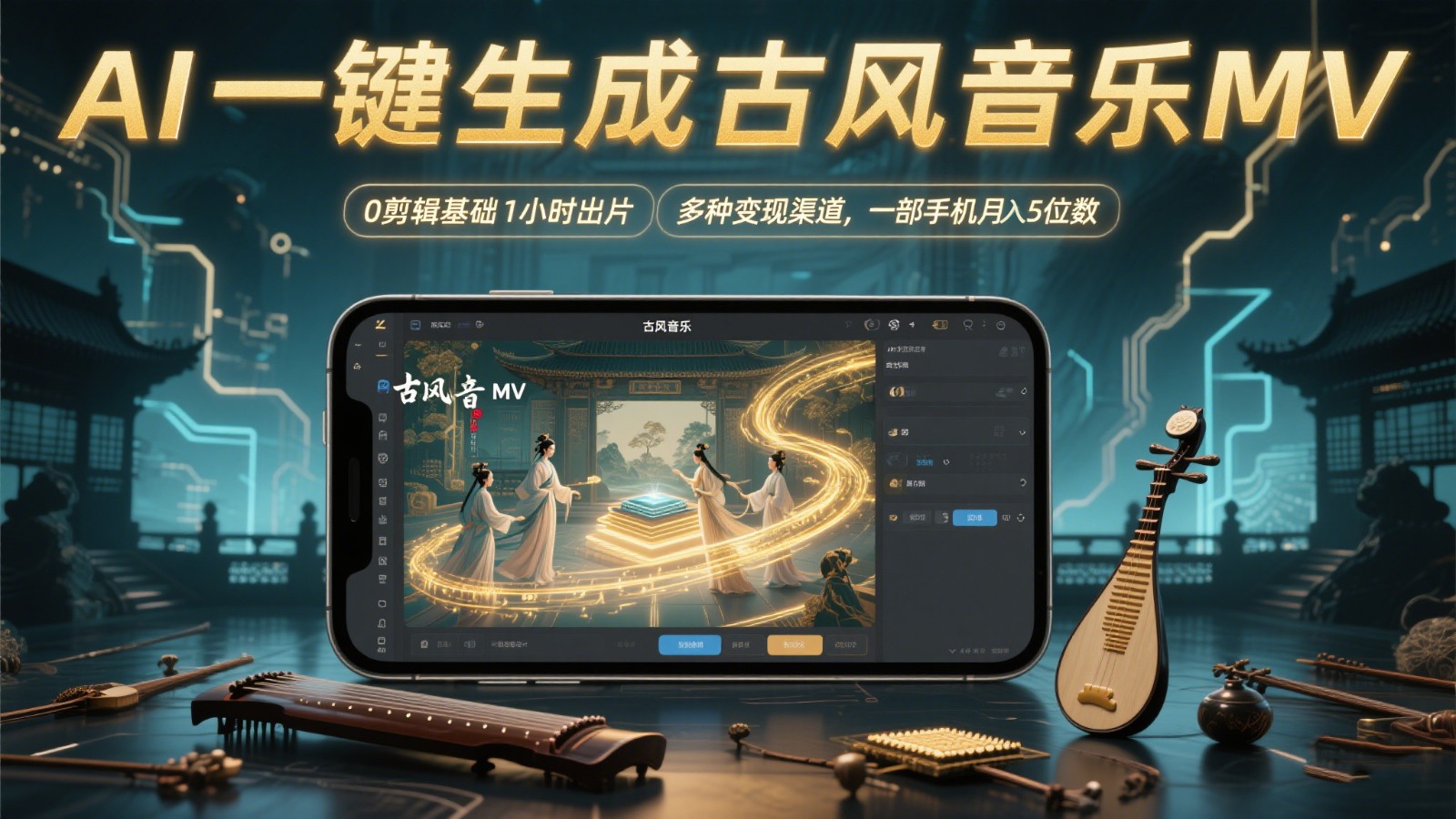 AI一键生成古风音乐MV，0剪辑基础1小时出片，多种变现渠道，一部手机月入5位数-创安网_汇聚全网热门项目资源