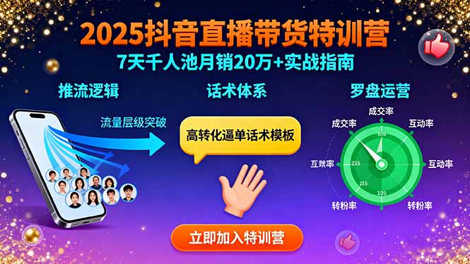 （15958期）2025抖音直播带货特训：推流逻辑、话术体系、罗盘运营,7天千人池月销20万+-创安网_汇聚全网热门项目资源