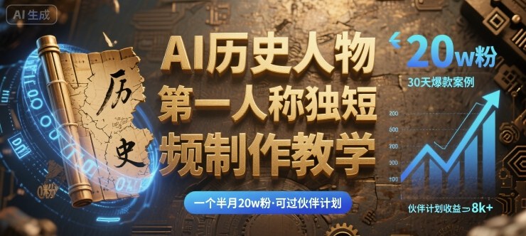 最新AI历史人物第一人称独白短视频制作教学，一个半月20w粉，可过伙伴计划-创安网_汇聚全网热门项目资源