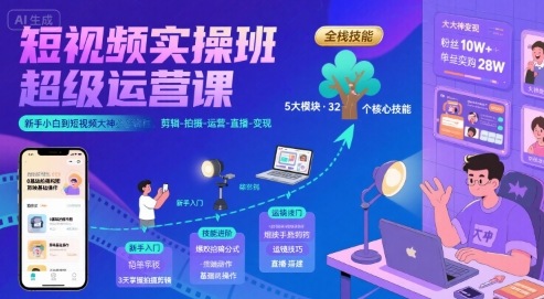 短视频实操班超级运营课，新手小白到短视频大神必修课程，剪辑-拍摄-运营-直播-变现-创安网_汇聚全网热门项目资源