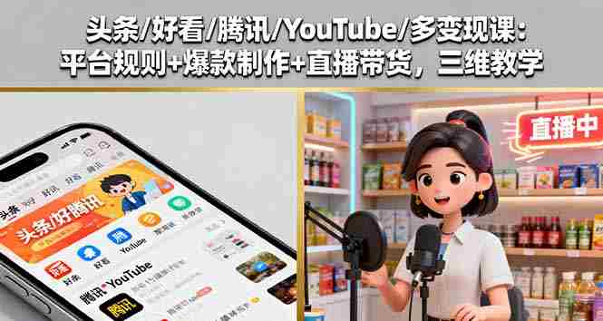 （16147期）头条/好看/腾讯/YouTube/多变现课：平台规则+爆款制作+直播带货，三维教学
