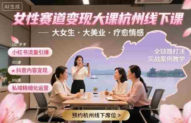 女性赛道变现大课杭州线下，大女生，大美业，疗愈情感，一套小红书、抖音、私域全链路打法