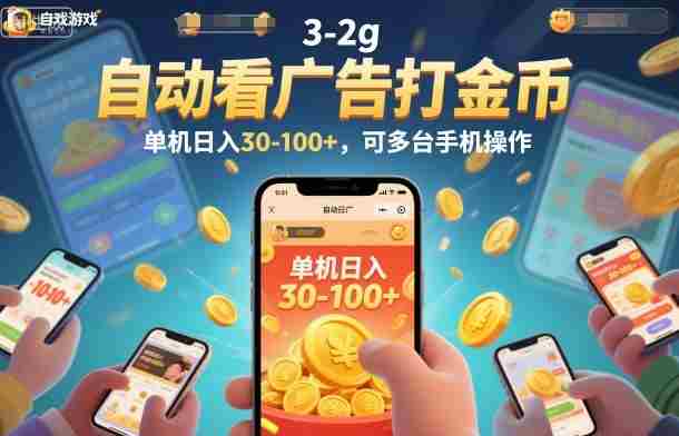 自动看广告打金币，单机日入30-100+，可多台手机操作【揭秘】