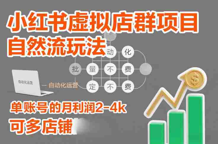 小红书虚拟店群项目，自然流玩法，批量自动化，稳定不费号，单账号的月利润2-4k，可多店矩阵