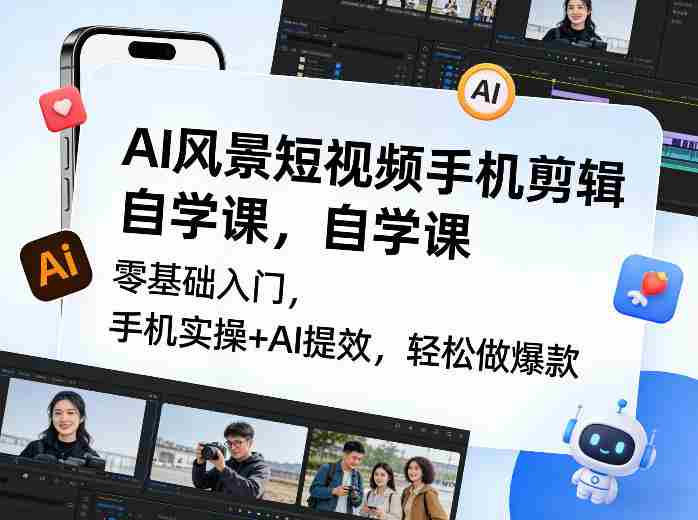 AI风景短视频手机剪辑自学课，零基础入门，手机实操+AI提效，轻松做爆款