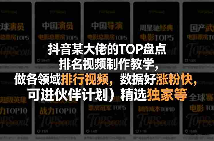 抖音某大佬的TOP盘点排名视频制作，做各领域排行视频，数据好涨粉快，可进伙伴计划＋精选独家等