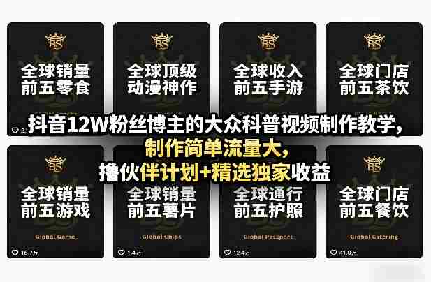 抖音12W粉丝博主的大众科普视频制作教学，制作简单流量大，撸伙伴计划+精选独家收益