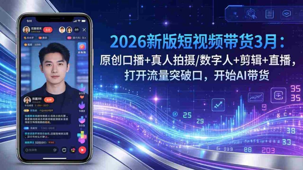 （17724期）2026新版短视频带货3月：原创口播+真人拍摄/数字人+剪辑+直播，打开流量突破口，开始AI带货
