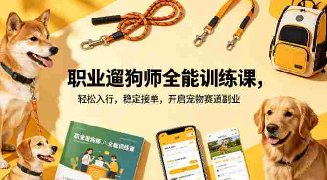 职业遛狗师全能训练课，轻松入行，稳定接单，开启宠物赛道副业