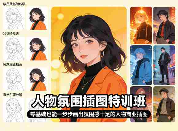人物氛围插图特训班，零基础也能一步步画出氛围感十足的人物商业插图