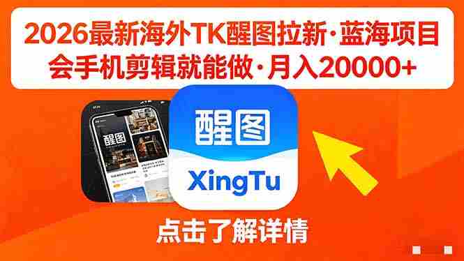 （18112期）26年最新海外Tk醒图拉新，蓝海项目，会手机剪辑就可以做，月入20000＋