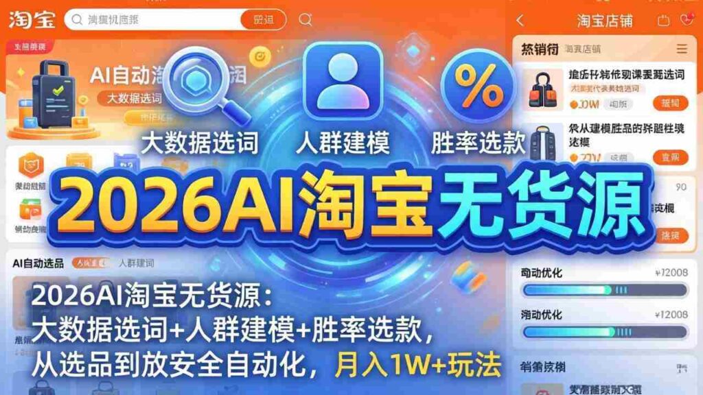 （17955期）2026AI淘宝无货源-4月更新：大数据选词+人群建模+胜率选款，从选品到放大全自动化，月入1W+玩法