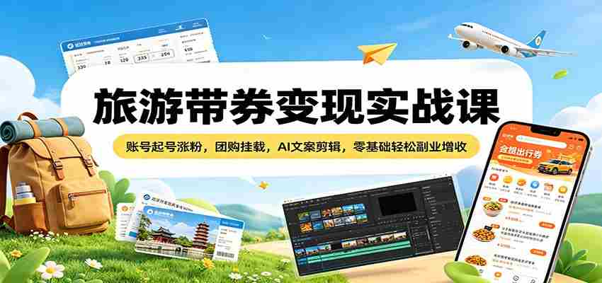 旅游带券变现实战课：账号起号涨粉，团购挂载，AI文案剪辑，零基础轻松副业增收
