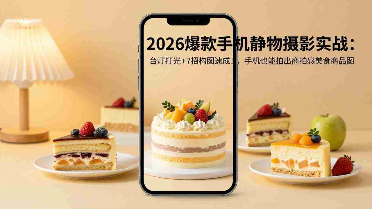 （17960期）2026爆款手机静物摄影实战：台灯打光+7招构图速成，手机也能拍出商拍感美食商品图