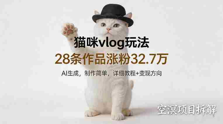 猫咪vlog玩法，28条作品涨粉32.7W，AI生成，制作简单，详细教程+变现方向