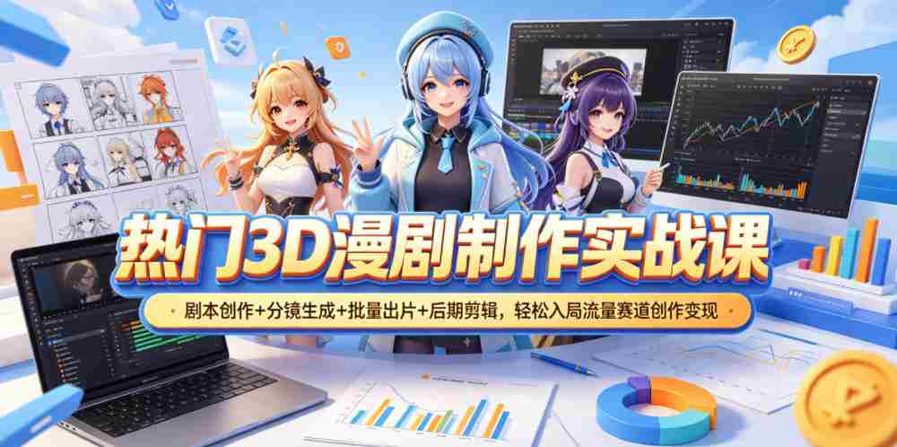热门3D漫剧制作实战课，剧本创作+分镜生成+批量出片+后期剪辑，轻松入局流量赛道创作变现