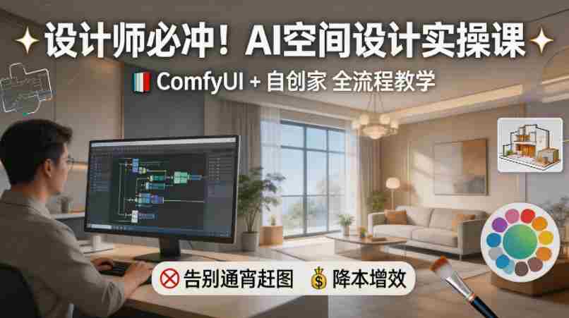 设计师必冲！AI空间设计实操课，ComfyUI+自创家全教学，告别通宵赶图，降本增效