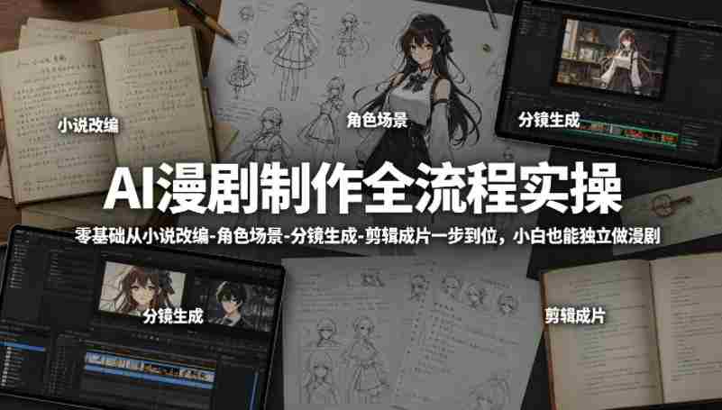 AI漫剧制作全流程实操，零基础从小说改编-角色场景-分镜生成-剪辑成片一步到位，小白也能独立做漫剧