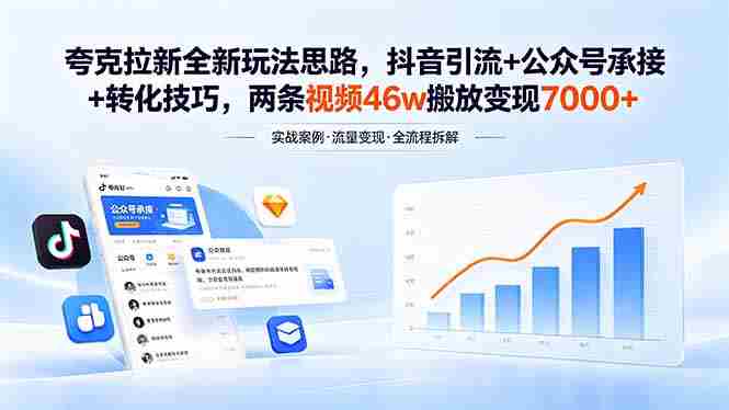 （18416期）夸克拉新全新玩法思路，抖音引流+公众号承接+转化技巧，两条视频46w搬放 变现7000+