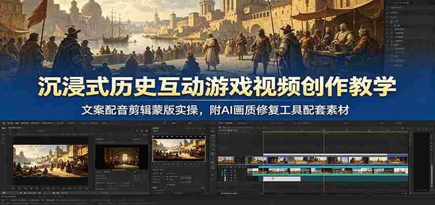 沉浸式历史互动游戏视频创作教学：文案配音剪辑蒙版实操，附AI画质修复工具配套素材