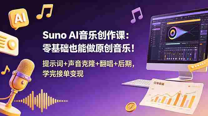 （18945期） Suno AI音乐创作课：零基础也能做原创音乐！提示词+声音克隆+翻唱+后期，学完接单变现