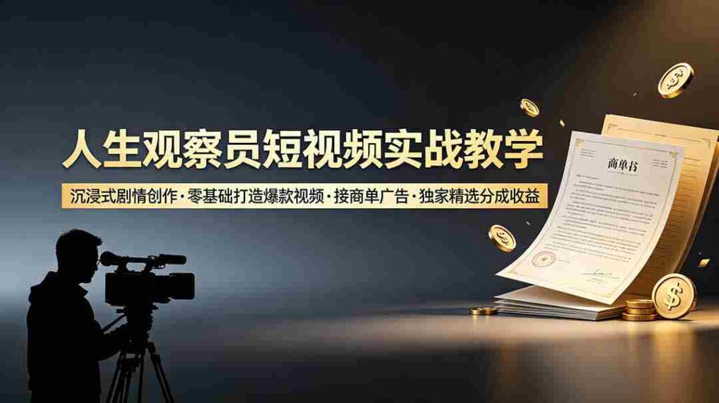 （19113期）人生观察员短视频实战教学，沉浸式剧情创作，零基础打造爆款视频，接商单广告，独家精选分成收益