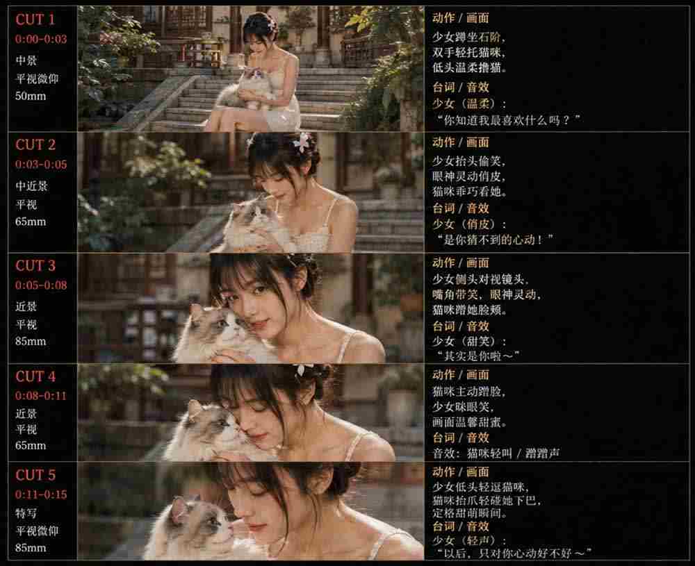 （18909期）美女和猫故事提示词，人物一致性提示词+故事板