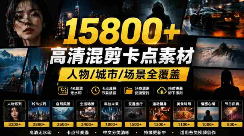 【影视剪辑素材合集】15800+高清混剪卡点｜热门影视精彩片段｜人物/城市/场景全覆盖，中文分类清晰