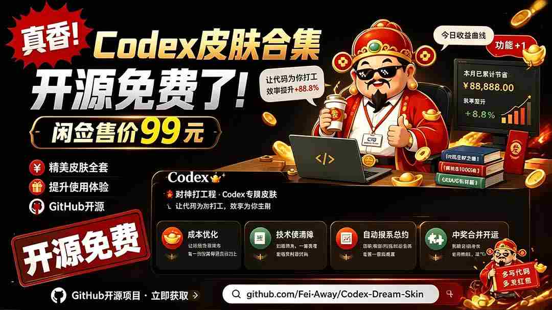 （19432期）闲鱼售卖99元的Codex皮肤包，GitHub 免费开源了！让你的codex变成精美界面 Codex Dream Skin