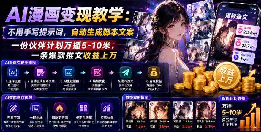 AI漫画变现教学：不用手写提示词，自动生成脚本文案，一份伙伴计划万播5-10米，一条爆款推文收益上W