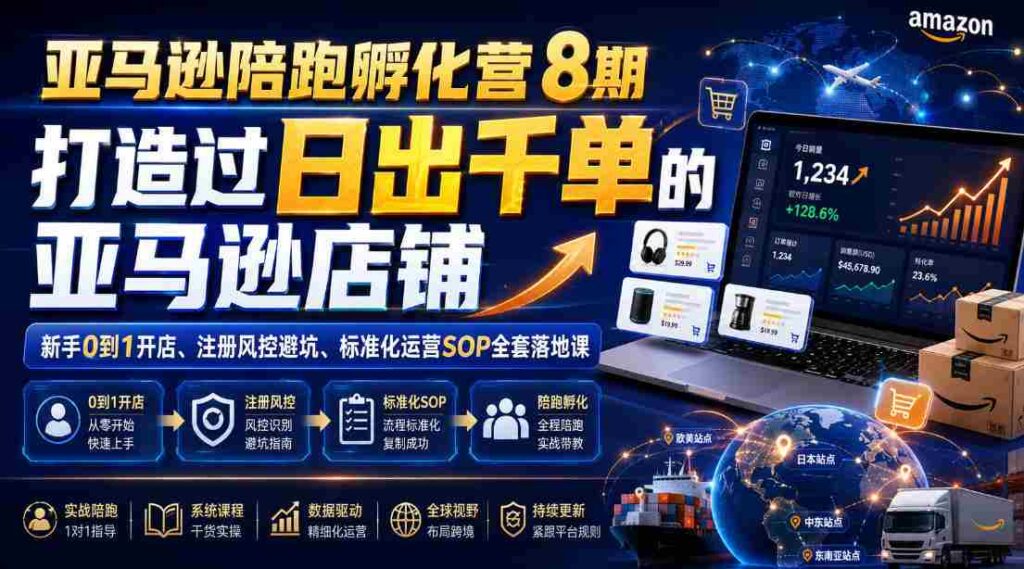 亚马逊陪跑孵化营8期，打造过日出千单的亚马逊店铺，新手0到1开店、注册风控避坑、标准化运营SOP全套落地课