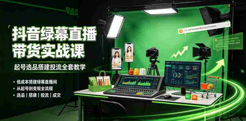 某社群抖音绿幕直播带货实战课，起号选品搭建投流全套教学，低成本搭建绿幕直播间