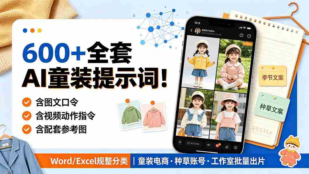 （19302期）600+全套AI童装提示词！含图文口令+视频动作指令+配套参考图，Word/Excel规整分类，童装电商、种草无脑量产内容