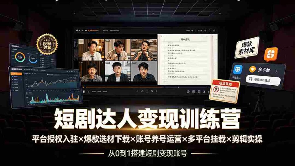 （19551期）短剧达人变现训练营：平台授权入驻×爆款选材下载×账号养号运营×多平台挂载×剪辑实操×违规处理全流程