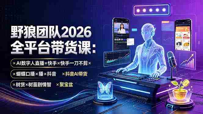 （19511期）野狼团队2026全平台带货课-7月：AI数字人直播×快手一刀不剪×蝴蝶口播×抖音AI带货×树苗剧情智剪×聚宝盆