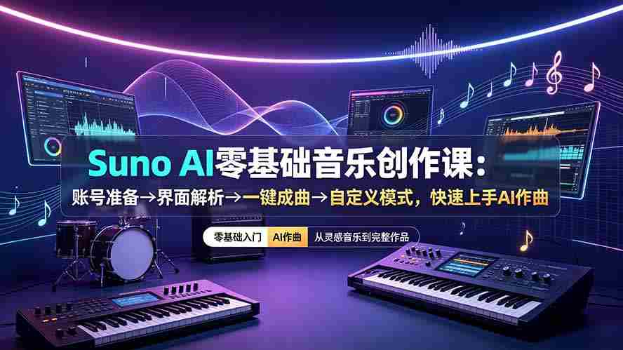 （19264期）Suno AI零基础音乐创作课：账号准备→界面解析→一键成曲→自定义模式，快速上手AI作曲