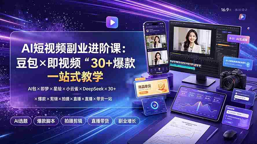 （19458期）AI短视频副业进阶课：豆包×即梦×星绘×小云雀×DeepSeek×30+爆款×剪辑×拍摄×直播×带货一站式教学