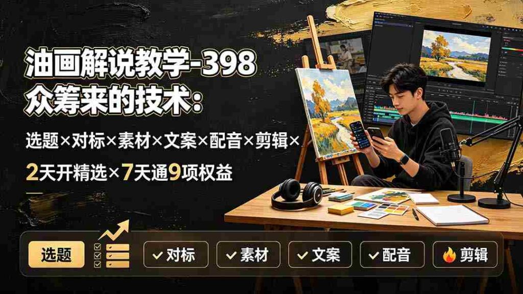 （19587期）油画解说教学-398众筹来的技术-刯新：选题×对标×素材×文案×配音×剪辑×2天开精选×7天通9项权益