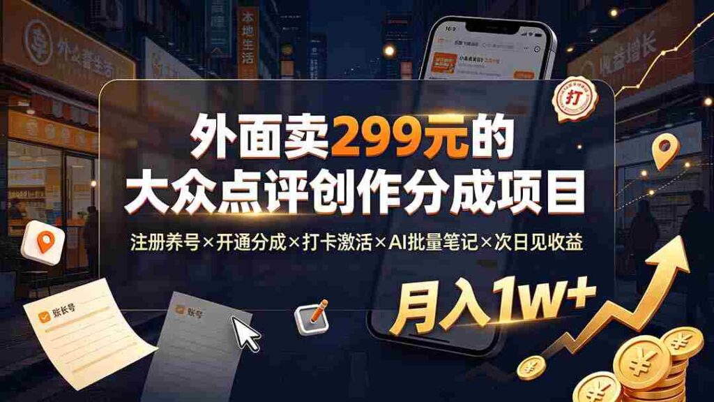 （19488期）外面卖299元的大众点评创作分成项目：注册养号×开通分成×打卡激活×AI批量笔记×次日见收益，月入1w+